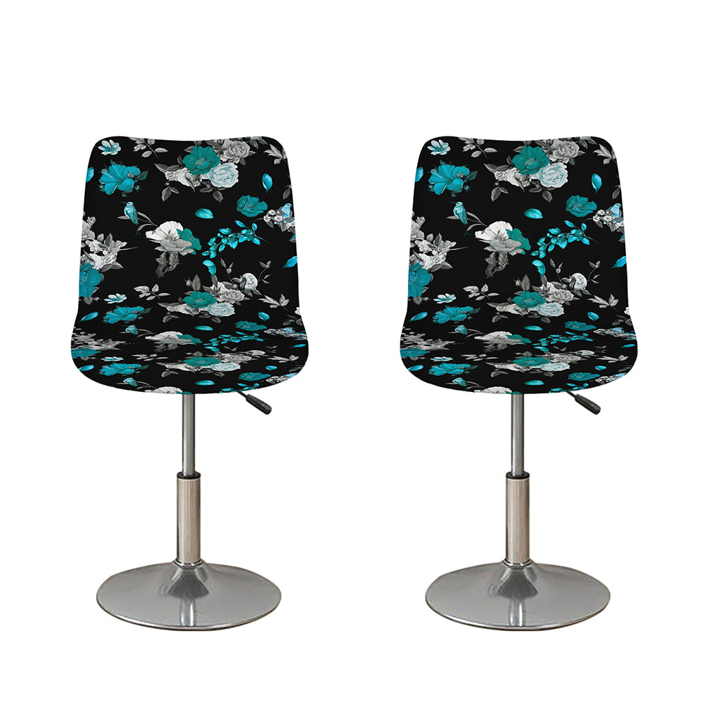 Blue Peony And Grey Rose Floral Print Bar Stool Covers