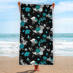 Blue Peony And Grey Rose Floral Print Beach Towel