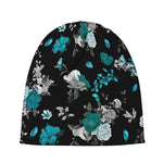 Blue Peony And Grey Rose Floral Print Beanie