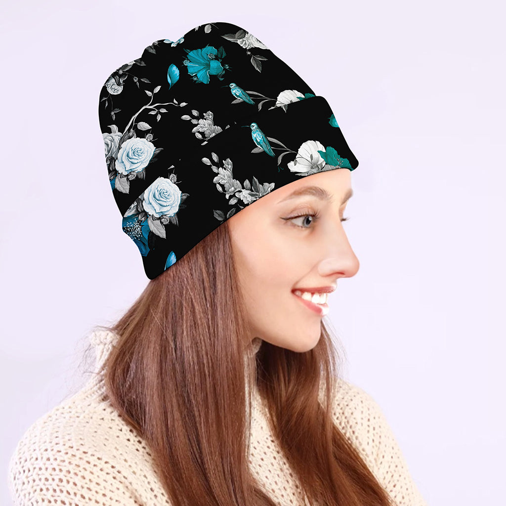 Blue Peony And Grey Rose Floral Print Beanie