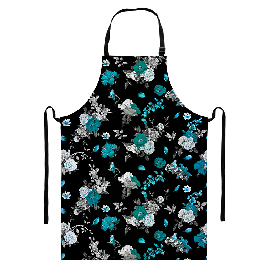 Blue Peony And Grey Rose Floral Print Bib Apron With Pocket