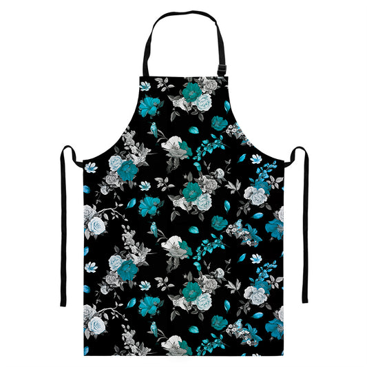 Blue Peony And Grey Rose Floral Print Bib Apron With Pocket