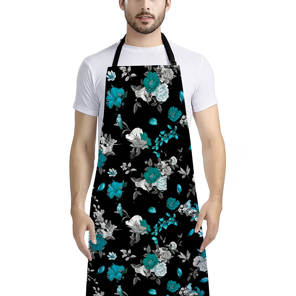 Blue Peony And Grey Rose Floral Print Bib Apron With Pocket
