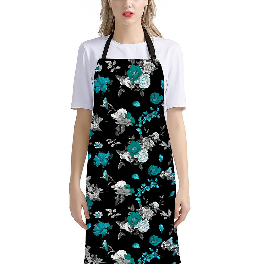 Blue Peony And Grey Rose Floral Print Bib Apron With Pocket