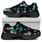 Blue Peony And Grey Rose Floral Print Black Chunky Shoes