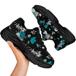 Blue Peony And Grey Rose Floral Print Black Chunky Shoes