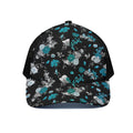 Blue Peony And Grey Rose Floral Print Black Mesh Trucker Hat