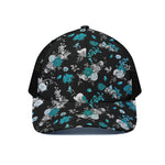 Blue Peony And Grey Rose Floral Print Black Mesh Trucker Cap