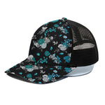 Blue Peony And Grey Rose Floral Print Black Mesh Trucker Cap