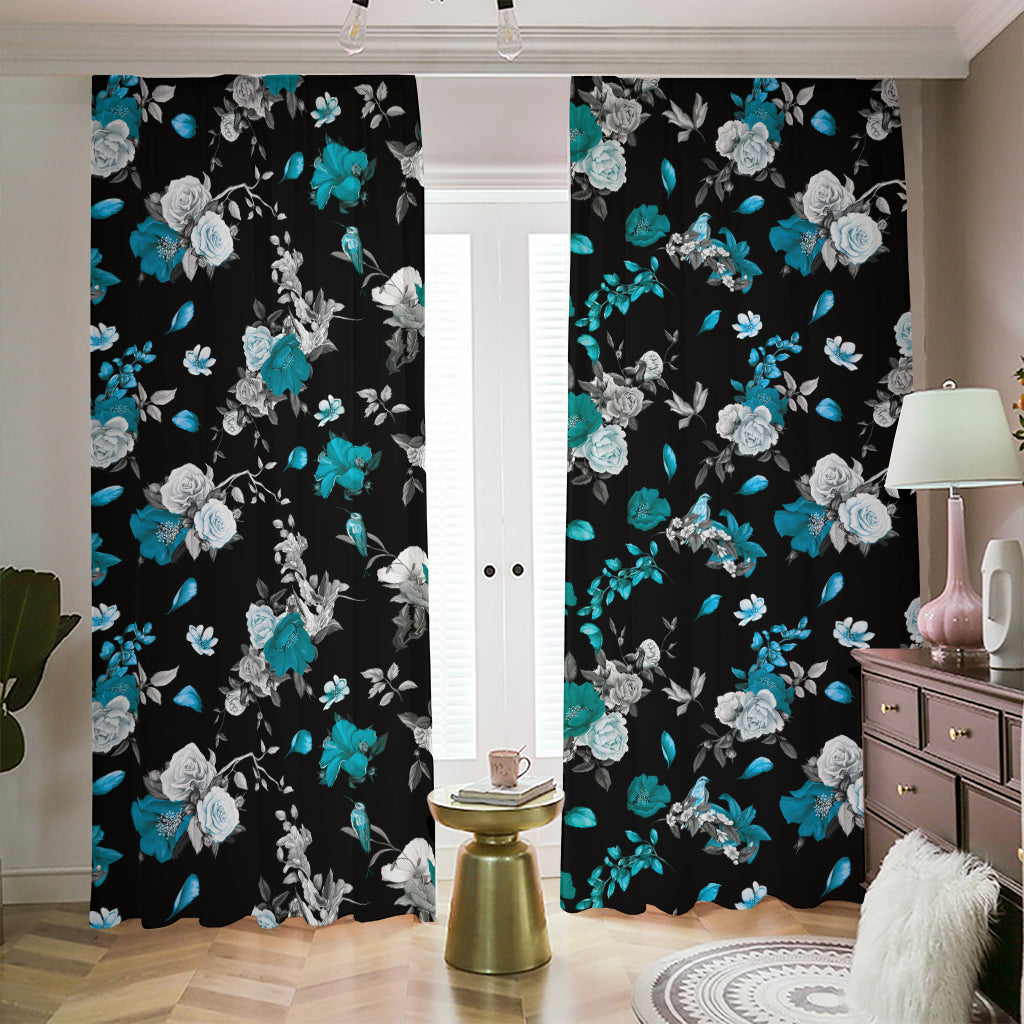 Blue Peony And Grey Rose Floral Print Blackout Pencil Pleat Curtains