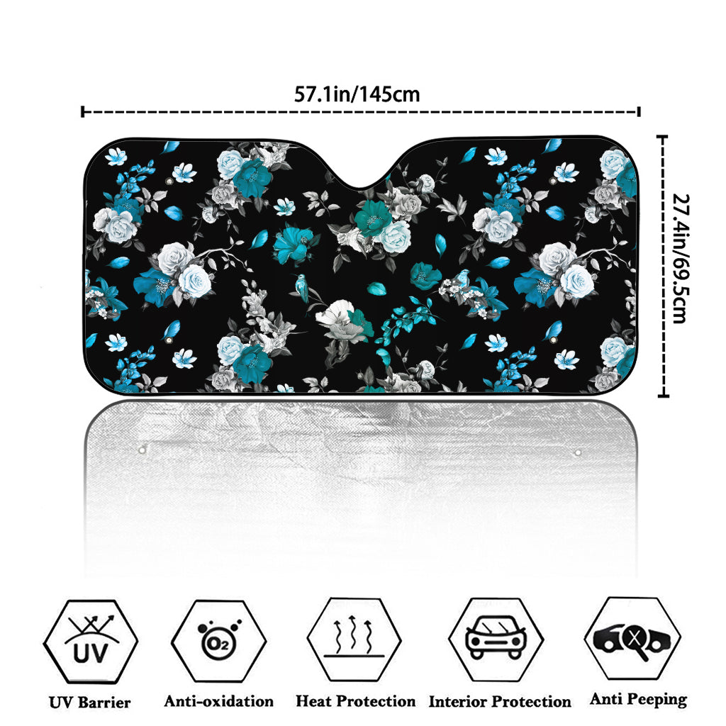 Blue Peony And Grey Rose Floral Print Car Windshield Sun Shade