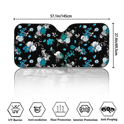 Blue Peony And Grey Rose Floral Print Car Windshield Sun Shade