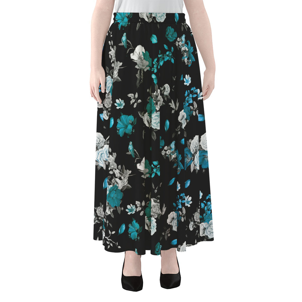 Blue Peony And Grey Rose Floral Print Chiffon Maxi Skirt