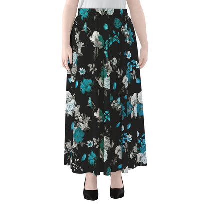 Blue Peony And Grey Rose Floral Print Chiffon Maxi Skirt