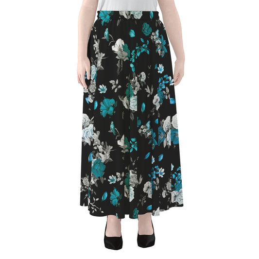 Blue Peony And Grey Rose Floral Print Chiffon Maxi Skirt