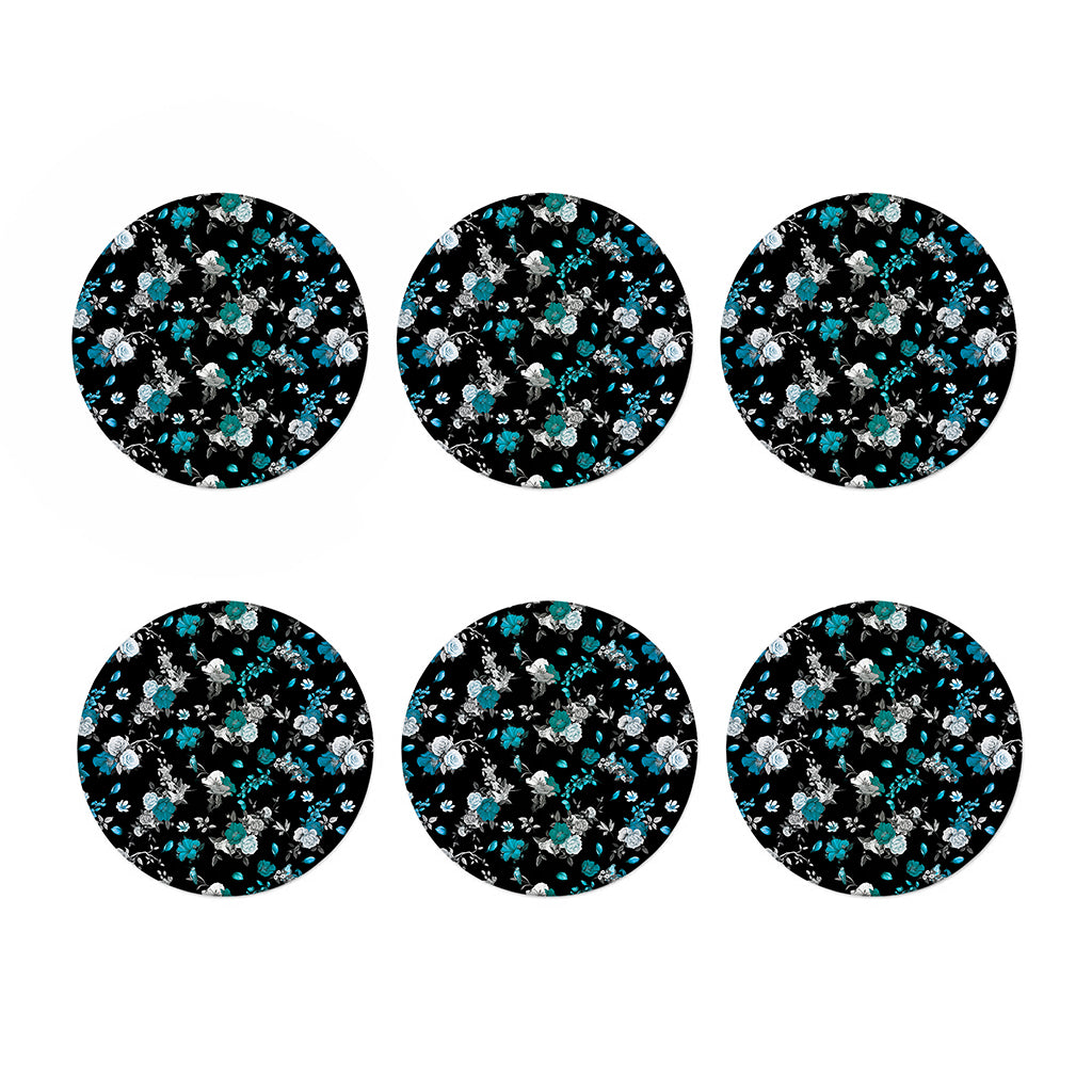 Blue Peony And Grey Rose Floral Print Coaster Set
