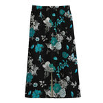 Blue Peony And Grey Rose Floral Print Cotton Front Slit Maxi Skirt