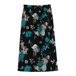 Blue Peony And Grey Rose Floral Print Cotton Front Slit Maxi Skirt