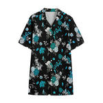 Blue Peony And Grey Rose Floral Print Cotton Hawaiian Shirt