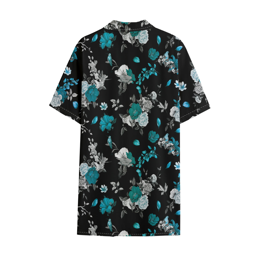 Blue Peony And Grey Rose Floral Print Cotton Hawaiian Shirt