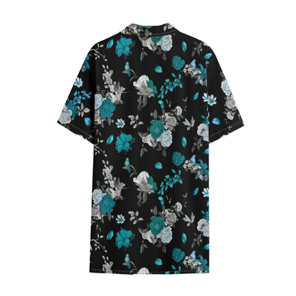 Blue Peony And Grey Rose Floral Print Cotton Hawaiian Shirt