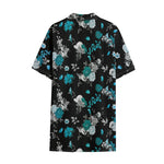 Blue Peony And Grey Rose Floral Print Cotton Hawaiian Shirt