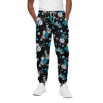Blue Peony And Grey Rose Floral Print Cotton Pants