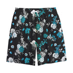 Blue Peony And Grey Rose Floral Print Cotton Shorts