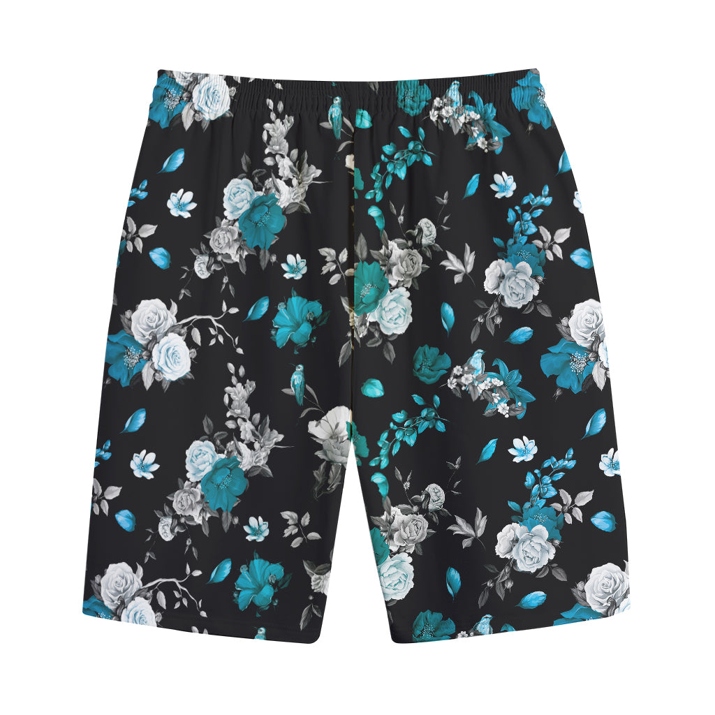Blue Peony And Grey Rose Floral Print Cotton Shorts