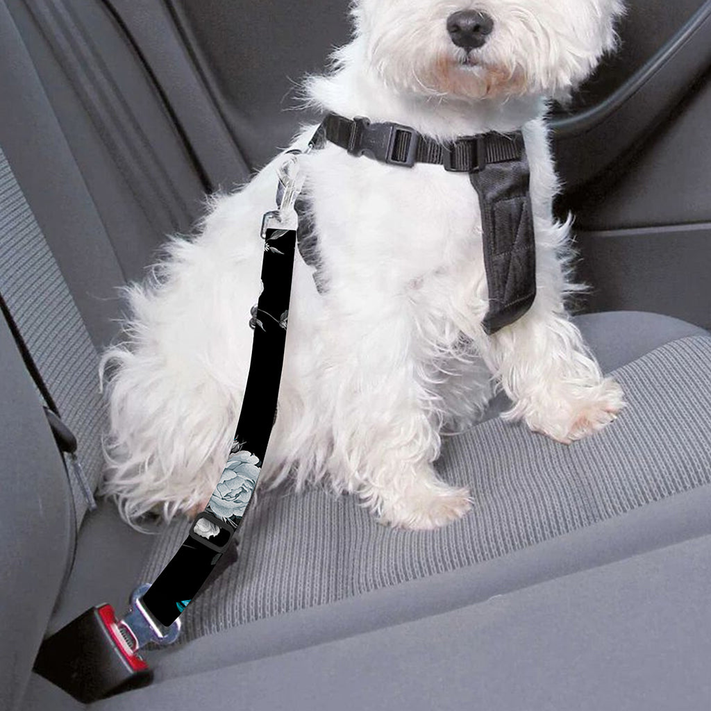Blue Peony And Grey Rose Floral Print Dog Seat Belt