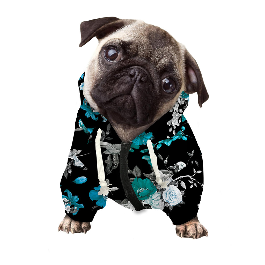 Blue Peony And Grey Rose Floral Print Dog Zip Up Hoodie