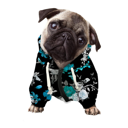 Blue Peony And Grey Rose Floral Print Dog Zip Up Hoodie