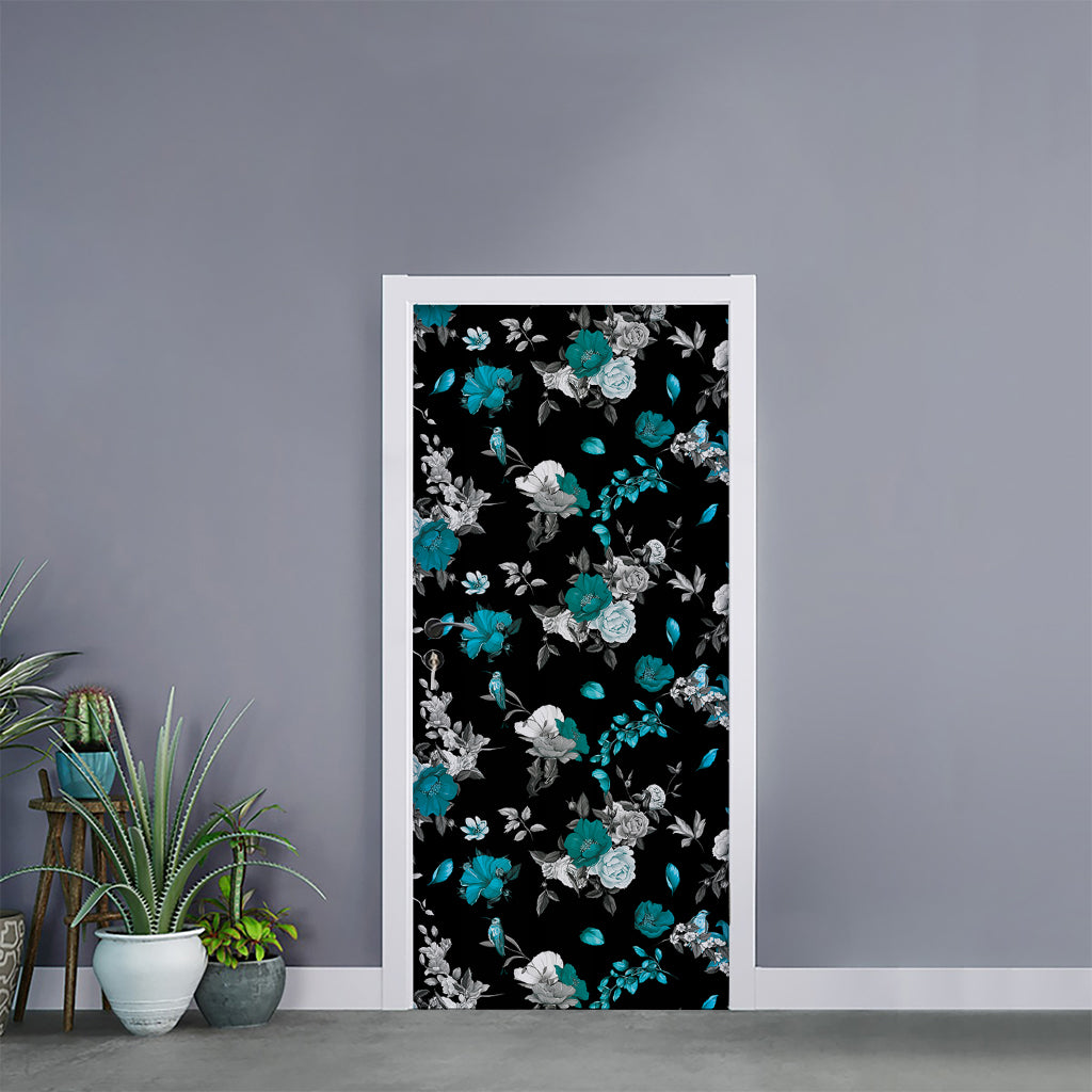 Blue Peony And Grey Rose Floral Print Door Sticker