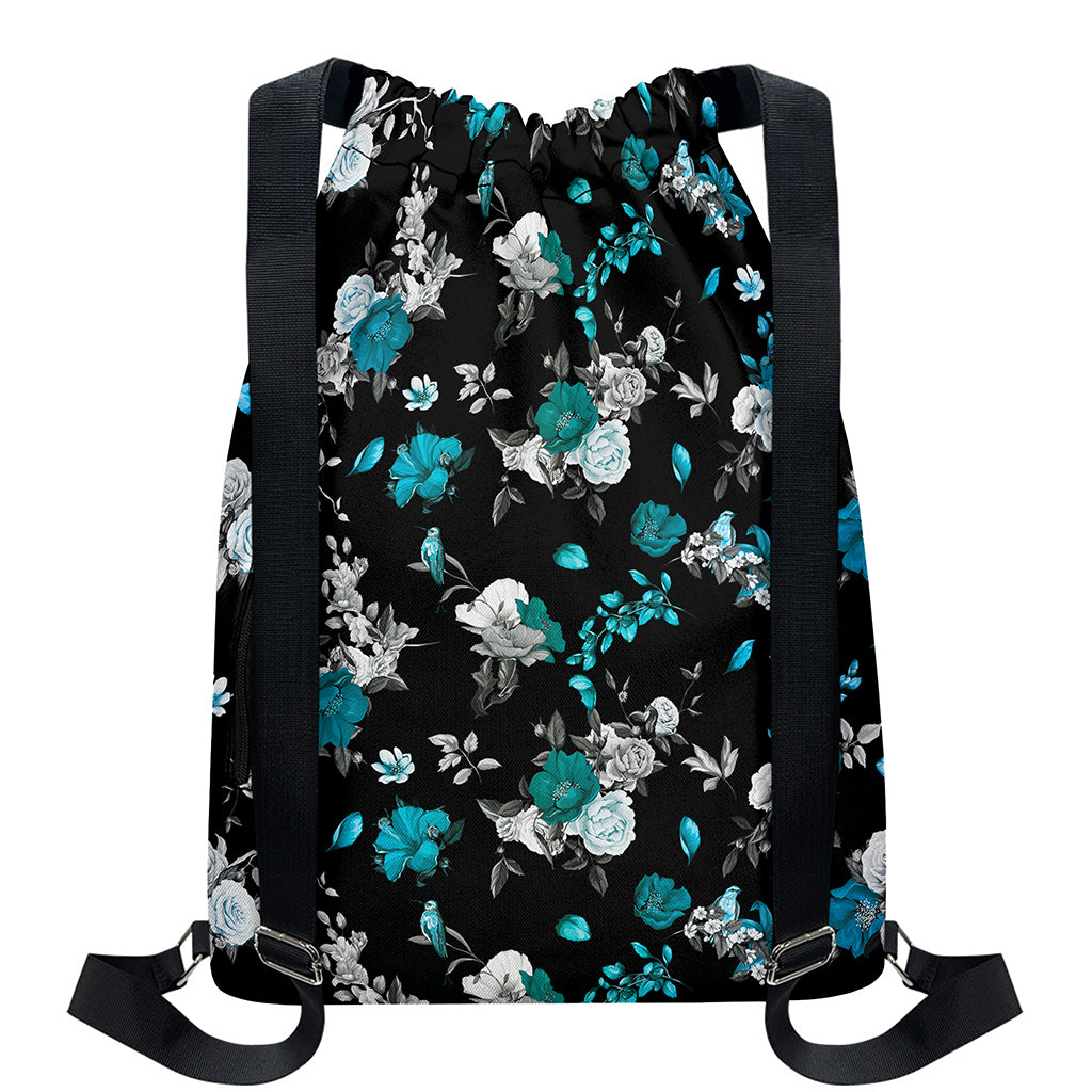 Blue Peony And Grey Rose Floral Print Drawstring Backpack
