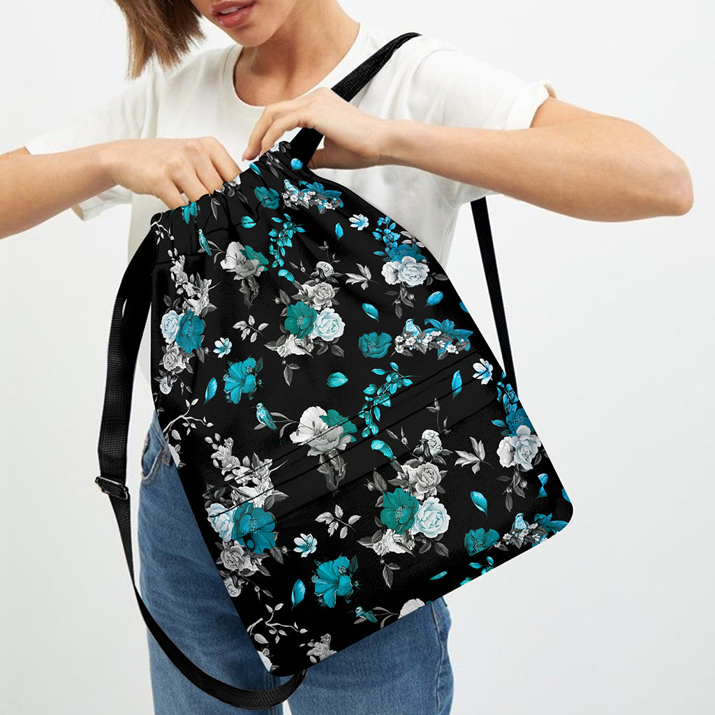Blue Peony And Grey Rose Floral Print Drawstring Backpack