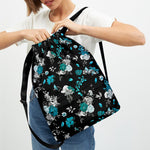Blue Peony And Grey Rose Floral Print Drawstring Backpack