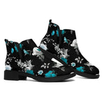 Blue Peony And Grey Rose Floral Print Flat Ankle Boots