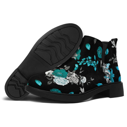 Blue Peony And Grey Rose Floral Print Flat Ankle Boots