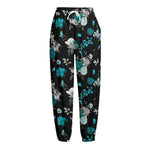 Blue Peony And Grey Rose Floral Print Fleece Lined Knit Pants