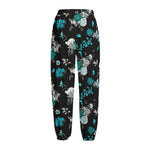 Blue Peony And Grey Rose Floral Print Fleece Lined Knit Pants