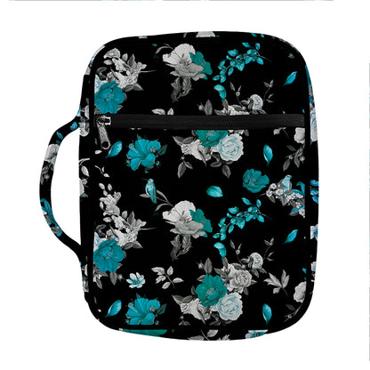 Blue Peony And Grey Rose Floral Print Front Pocket Bible Bag