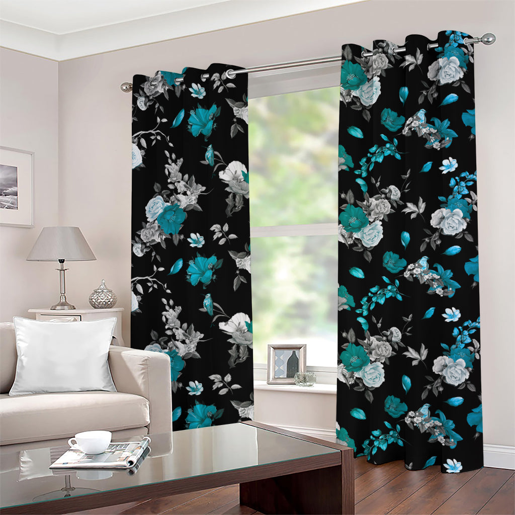 Blue Peony And Grey Rose Floral Print Grommet Curtains