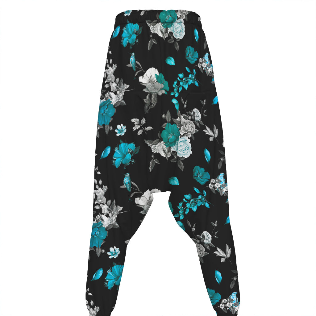 Blue Peony And Grey Rose Floral Print Hammer Pants