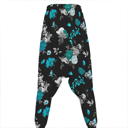 Blue Peony And Grey Rose Floral Print Hammer Pants