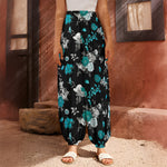 Blue Peony And Grey Rose Floral Print Harem Pants