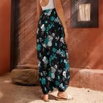 Blue Peony And Grey Rose Floral Print Harem Pants