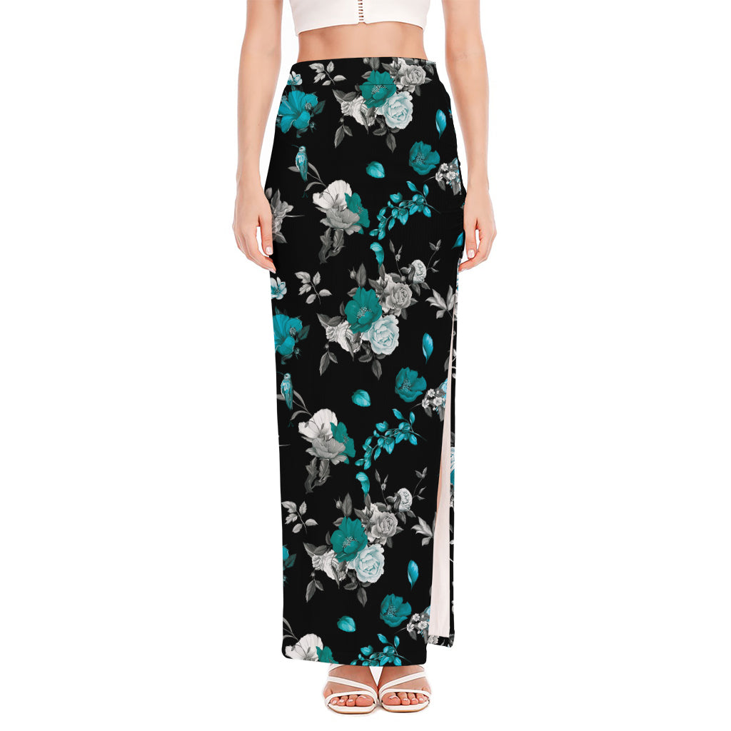Blue Peony And Grey Rose Floral Print High Slit Maxi Skirt