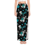 Blue Peony And Grey Rose Floral Print High Slit Maxi Skirt