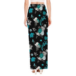 Blue Peony And Grey Rose Floral Print High Slit Maxi Skirt