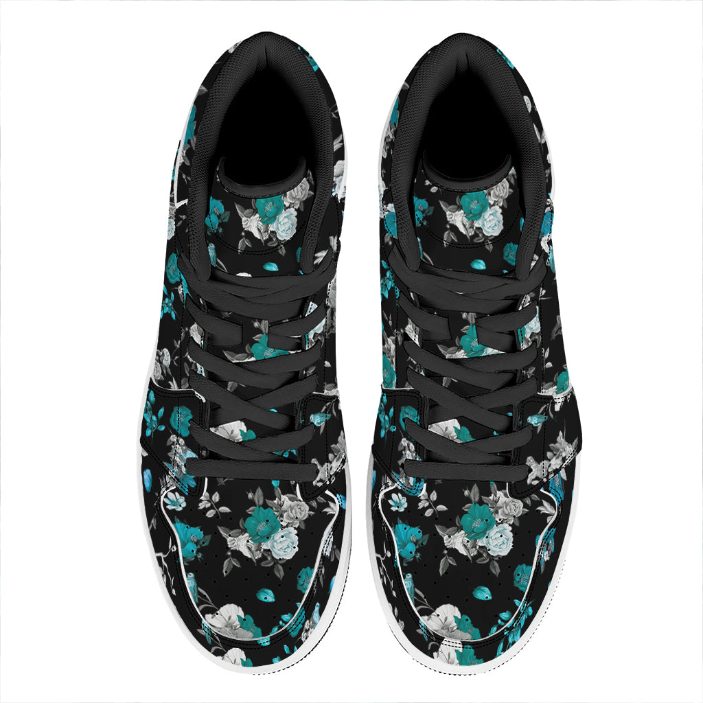Blue Peony And Grey Rose Floral Print High Top Leather Sneakers